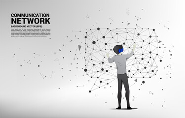 Silhouette businessman wear VR glasses with talk bubble icon with dot and line connections. Concept of digital virtual reality technology and AR .