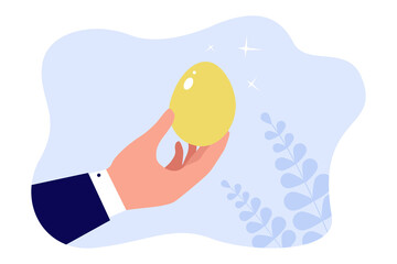 Hand of businessman holding shiny gold egg. Happy business opportunity and dividends for person flat vector illustration. Investment, income concept for banner, website design or landing web page