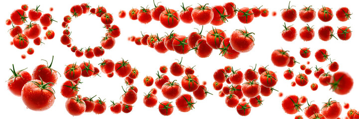 A set of photos. Red tomatoes levitate on a white background