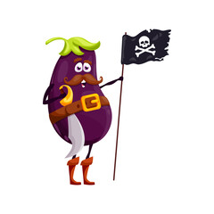 Vegetable pirate emoticon with mustaches, in belt and corsair flag in hands isolated cartoon character. Vector aubergine, brinjal, vegetarian veggie corsair buccaneer, funny veggie captain
