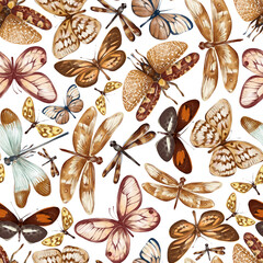 Watercolor hand drawn seamless pattern with illustration of exotic dragonflies butterflies isolated on white background. Set perfect for print, wallpaper, greeting card, invitations etc