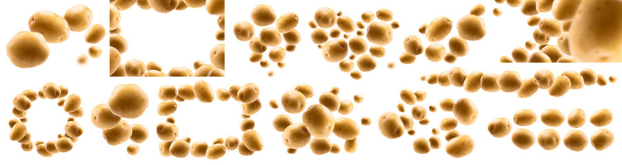 A set of photos. Golden potatoes levitate on a white background