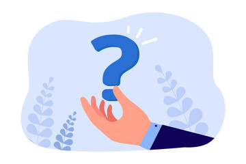 Businessmans hand holding question mark. Person asking for answer, help and support flat vector illustration. FAQ, interrogation, difficulty concept for banner, website design or landing web page - obrazy, fototapety, plakaty