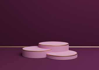 Dark magenta, purple 3D rendering simple product display with three podiums or stand with golden line minimal background composition for luxurious products