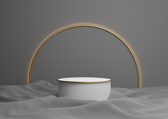 Dark graphite gray, black and white 3D rendering luxurious product display podium or stand minimal composition with golden arch line in background and light