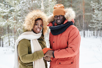 Obraz premium Young affectionate African American couple in winterwear holding by hands while enjoying time in park or forest on frosty day