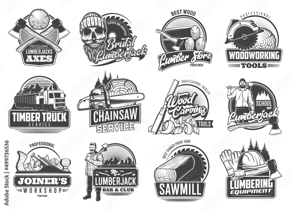 Canvas Prints lumberjack and lumbering industry retro icons. skull in hat, umber jack bar and club emblem with axe