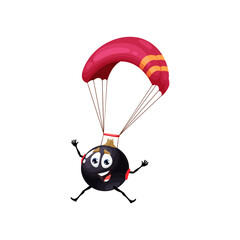 Cartoon cute currant character skydiving with parachute, vector berry on sport. Funny black currant flying on parachute or sky diving activity, kids personage for vitamin food or emoticon