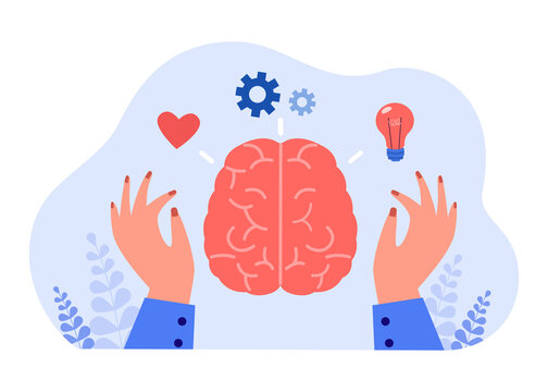 Work Of Person With Rational And Feeling Side Of Brain. Hands And Abstract Head With Heart And Light Bulb Flat Vector Illustration. Psychology Concept For Banner, Website Design Or Landing Web Page