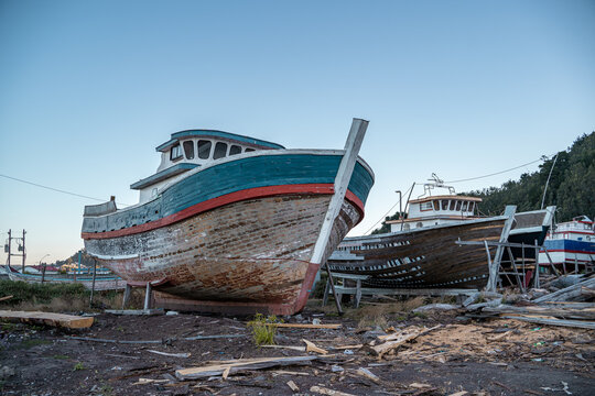 Boats under construction near the beach of Lebu, Chile