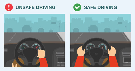 Driving rules and tips. Safe and unsafe driving. Incorrect and correct hand position to hold steering wheel. Flat vector illustration template.