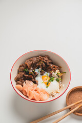 GYUDON Japanese beef & Rice,Japanese traditional dish Gyudon made from thinly sliced beef, onion, soy sauce and rice,food concept background