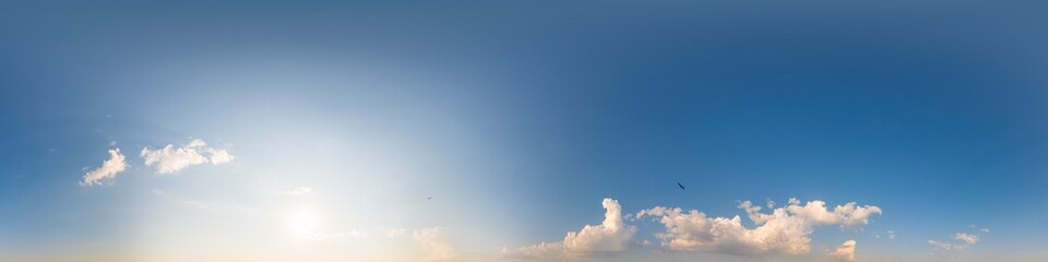 Blue sky panorama with Cirrus clouds. Seamless hdr 360 degree pano in spherical equirectangular format. Sky dome or zenith for 3D visualization, game and sky replacement for aerial drone 360 panoramas