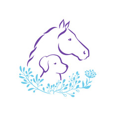 Horse and dog line art logo with herbs and flowers decorating pet symbol, natural approach training and care. Treats and veterinary care theme logo