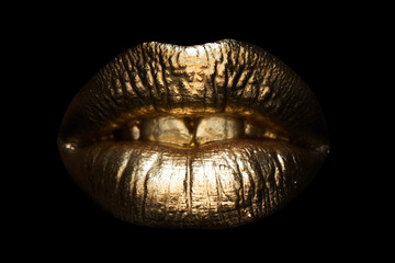 Beautiful lipped woman gold mouth. Sensual golden lips, sexy lip. Golden gloss lipstick.