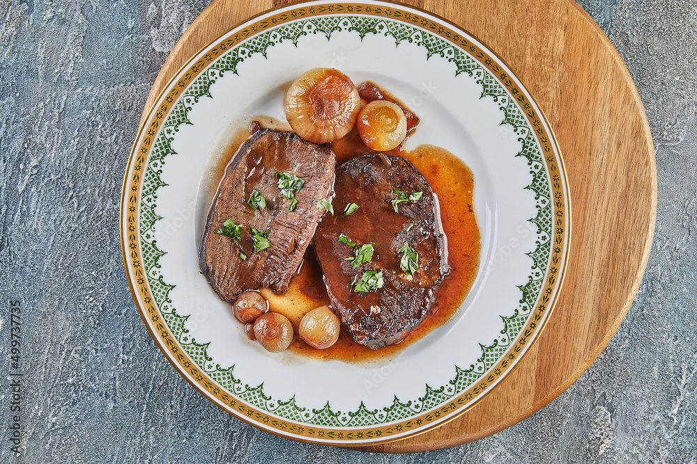 Canvas Prints Roast beef with reduced wine sauce and shallots