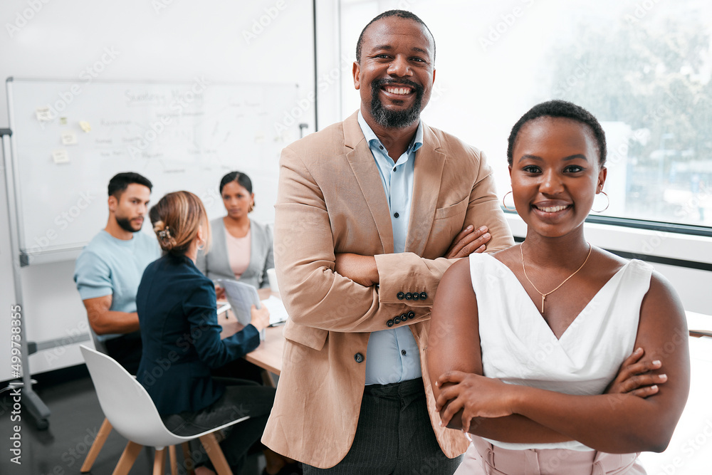 Poster the team that dreams are made of. cropped portrait of two businesspeople attending a meeting in the 