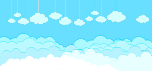 blue sky with clouds design. Beautiful fluffy clouds on the blue sky background. Paperwhite clouds on blue. Clouds on blue sky banner