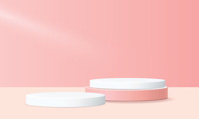 3d geometric podium mockup leaf tropical netural concept for showcase pink blue background Abstract minimal scene product presentation vector illustation
