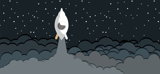 rocket in the sky night with clouds design. Beautiful fluffy clouds on the blue sky background. Paperwhite clouds on blue. Clouds on blue sky banner