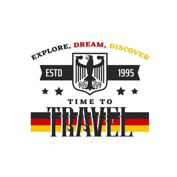 German travel vector icon with isolated flag of Germany and heraldic coat of arms with imperial eagle on shield. Federal Republic of Germany national symbols for European travel and tourism themes