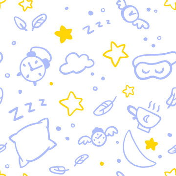 Seamless good night pattern with stars, moon, clouds, fethers and clocks.