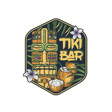 Tiki bar with tiki mask, surfs and tropical leavs. Exotic hawaiian mask and surfboards for summer surfing prints or tropic beach