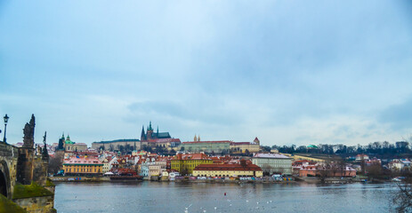 Prague old town view from bridge Czech Republic cloudy day