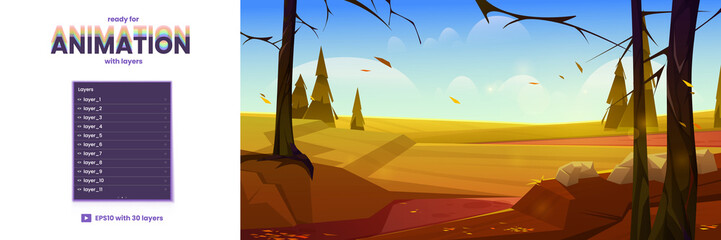 Fototapeta na wymiar Cartoon autumn nature landscape layers ready for 2d game animation. Rural dirt road going along bare trees under blue sky with rare clouds, scenery wood parallax background, Vector illustration