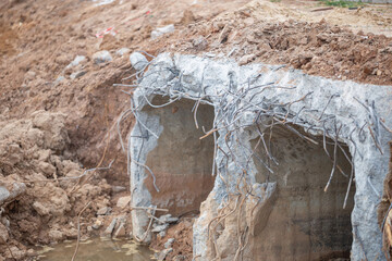 The rebar sticking up from road repair works. repair road construction