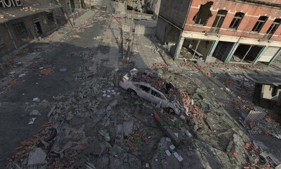 Post apocalyptic cityscape 3d illustration top view