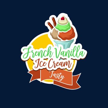 French vanilla ice cream icon, sweet food and frozen desserts, vector. Ice cream scoop in wafer or sundae sorbet of vanilla and chocolate with berry topping, icecream cafe and gelateria menu sign