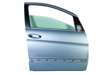 The front door of the car is blue on a white isolated background. Body repair of vehicles in a service workshop