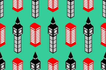 Red telephone booth pattern seamles. London landmark background. Vector texture
