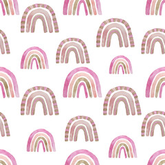 Watercolor pink rainbow seamless pattern. Boho rainbow texture. Cute kids nursery background in pastel colors. Baby shower decoration.