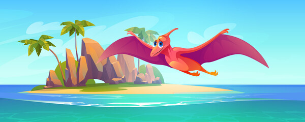Baby pterodactyl fly above sea. Cute flying dinosaur character. Vector cartoon illustration of tropical island landscape with sand beach, palm trees, ocean and funny dino © klyaksun