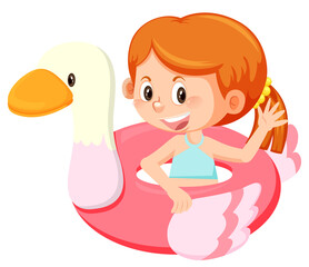 Cute girl cartoon character in swimwear inside of inflatable ring