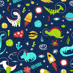 Cutout style dino in space seamless pattern