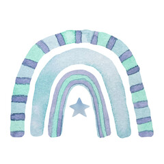 Watercolor nursery blue rainbow in scandinavian boho style for baby boy.