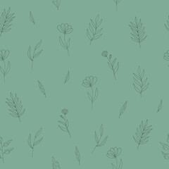 flowers seamless pattern hand drawn doodle. vector, minimalism, scandinavian, monochrome, trendy colors 2022. simple abstract plants. wallpaper, wrapping paper, textiles, background.