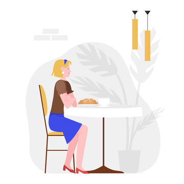Woman having breakfast at the cafe. Lunch coffee break at cafetiere isolated illustration