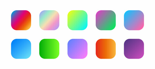 Soft colour gradient background. Screen background for the mobile app icon. Ombre gradients buttons. Multicolour of rainbow, green, purple, lime yellow, orange, lavender, aurora, fluid gradients.