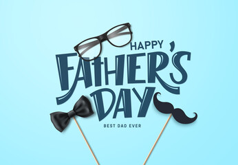 Happy father's day vector background design. Father's day greeting text with sunglasses, bow tie and mustache elements for card decoration. Vector illustration.
