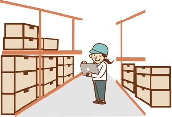 倉庫でタブレットを持つ女性作業員。