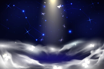 blue universe abstract advertising background with endless space and constellation Ursa, stars and light portal vector illustration. 3d smoke waves in dark galaxy for fashion product presentation