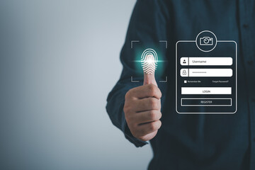 Businessman Fingerprint scan provides security access login username and password with biometrics...