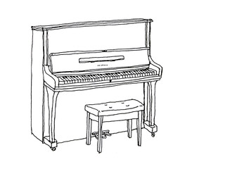 アップライトピアノのペン画イラスト