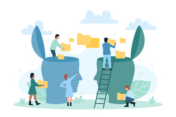 Transfer of knowledge, skills and information, communication and education. Cartoon tiny people coaching, transferring data folders from one abstract human head to another flat vector illustration