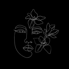 Asian girl line art, drawn with one line. On a black background with a sketch liner, a girl with flowers moglinolia in her head