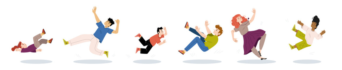 Falling people, clumsy male and female characters fall down due to stumbling, slipping on wet floor, accident, injury, danger, risk, bad luck, misfortune Linear cartoon flat vector illustration, set